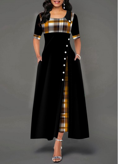 Plaid Print Button Detail Half Sleeve Maxi Dress - XL