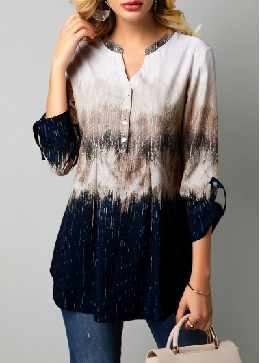 Split Neck Printed Roll Tab Sleeve Blouse - M