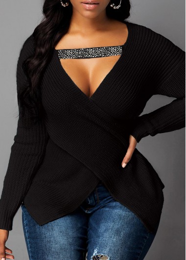 Modlily Asymmetric Hem Cutout Front Black Sweater - XL
