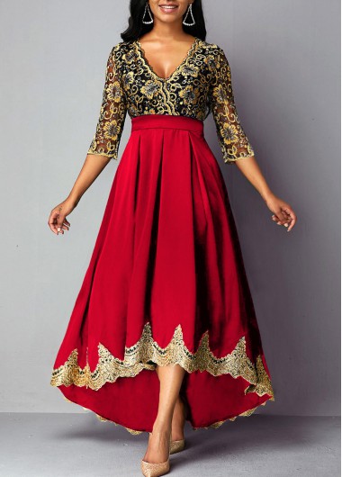 Lace Patchwork High Low Three Quarter Sleeve Dress - L