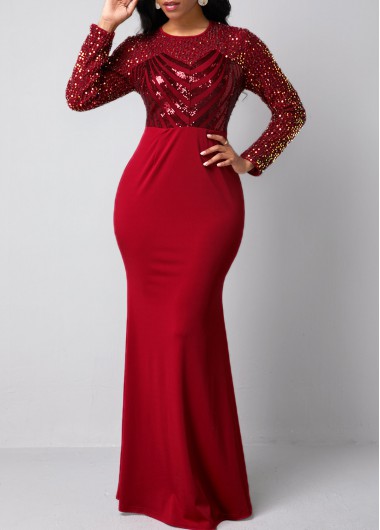 Sequin Detail Red Long Sleeve Mermaid Dress - L