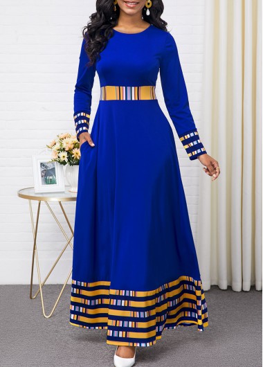 Rainbow Stripe Long Sleeve Round Neck Maxi Dress - M