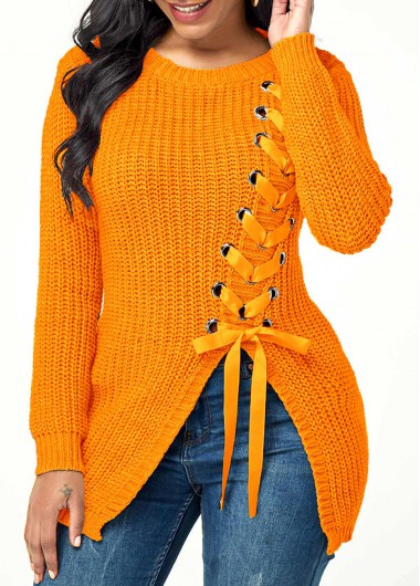 Modlily Lace Up Split Front Long Sleeve Sweater - S