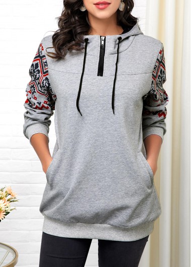 Light Grey Tribal Print Long Sleeve Hoodie - L