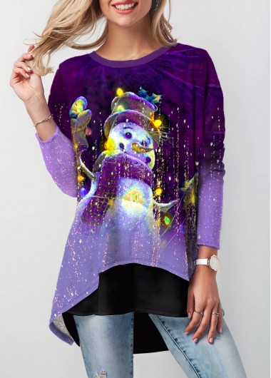 Christmas Snowman Print Layered Hem T Shirt - XXL