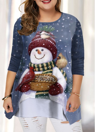 Plus Size Christmas Snowman Print T Shirt - 0X