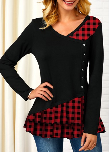 Modlily Black V Neck Plaid Print Button Up Long Sleeve Casual Shirt Top for Women - XL