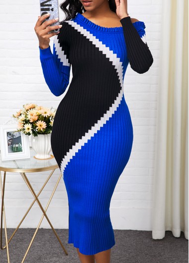 Contrast Panel Long Sleeve Rib Knit Sweater Dress - XL