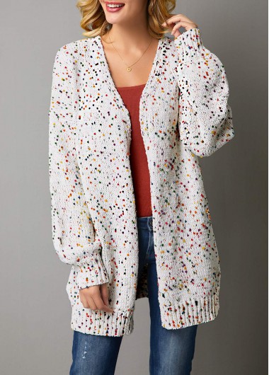 Long Sleeve White V Neck Cardigan - L