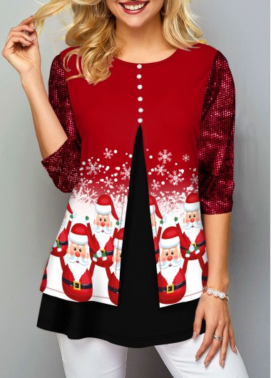 Buy Cheap Christmas Print Sequin Embellished Button Front T Shirt – XXL ...