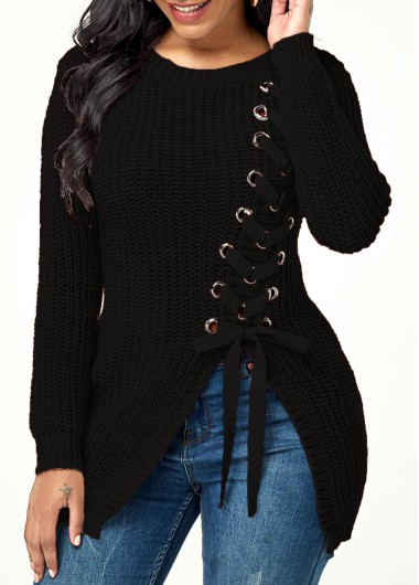 Modlily Lace Up Rib Knit Asymmetric Hem Sweater - M