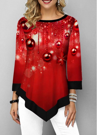 Modlily Asymmetric Hem Printed Contrast Panel T Shirt - M