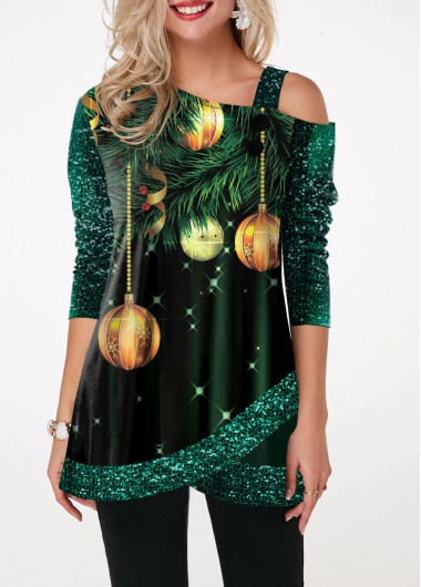 Christmas Print Sequin Panel Tulip Hem T Shirt - XXL