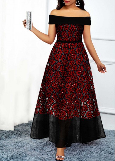 Lace Panel Sequin Detail Off the Shoulder Maxi Dress - L