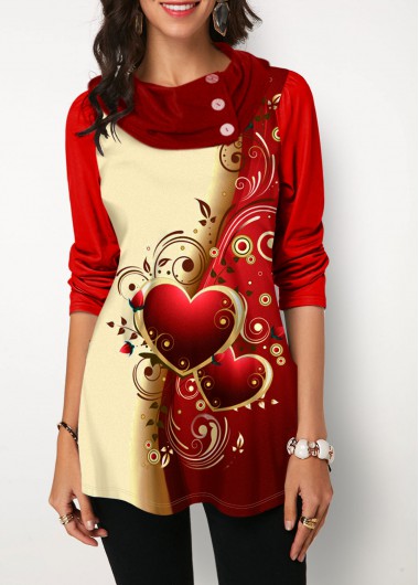 Heart Print Contrast Panel Button Detail T Shirt - XXL