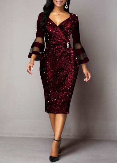 Sequin Detail Flare Sleeve Mesh Panel Sheath Dress - XXL