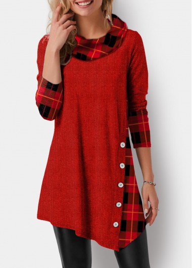 Image of Asymmetric Hem Plaid Print Button Detail Tunic Top - XL