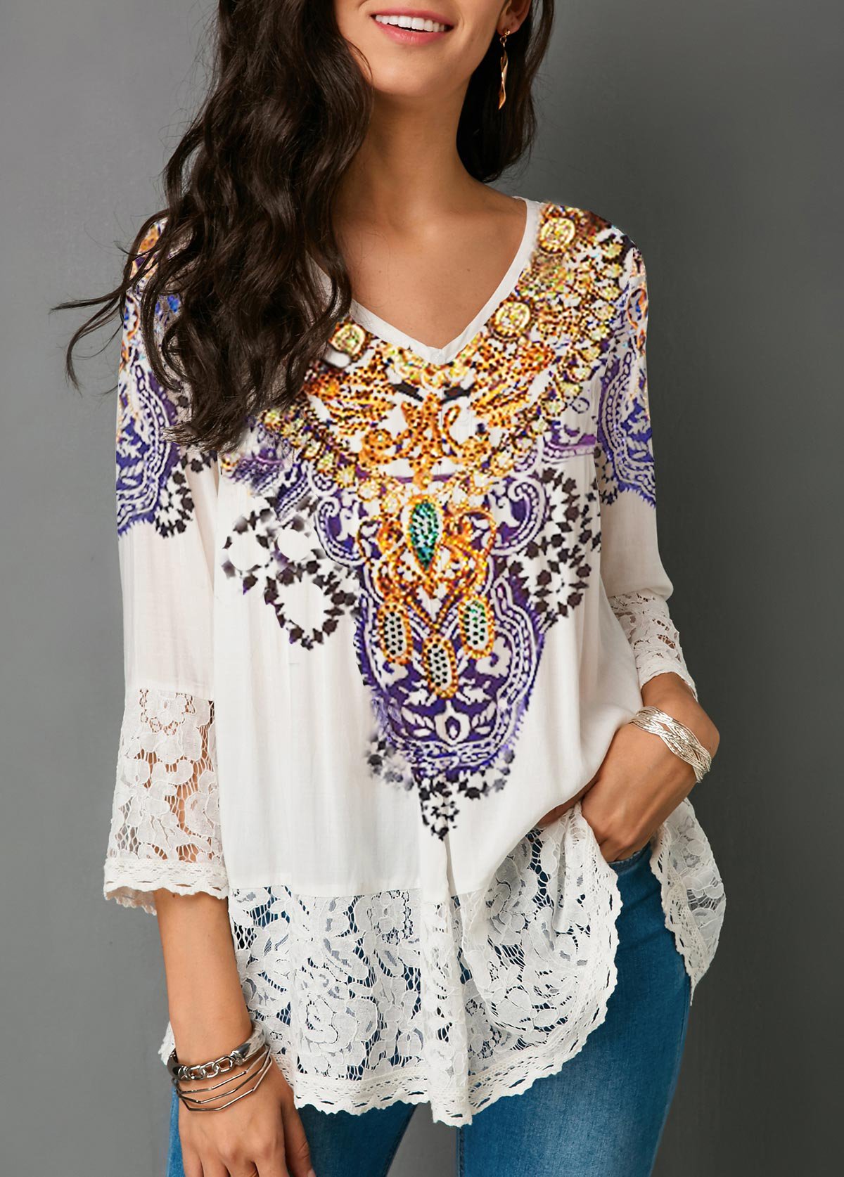 Tribal Print Lace Patchwork White Blouse
