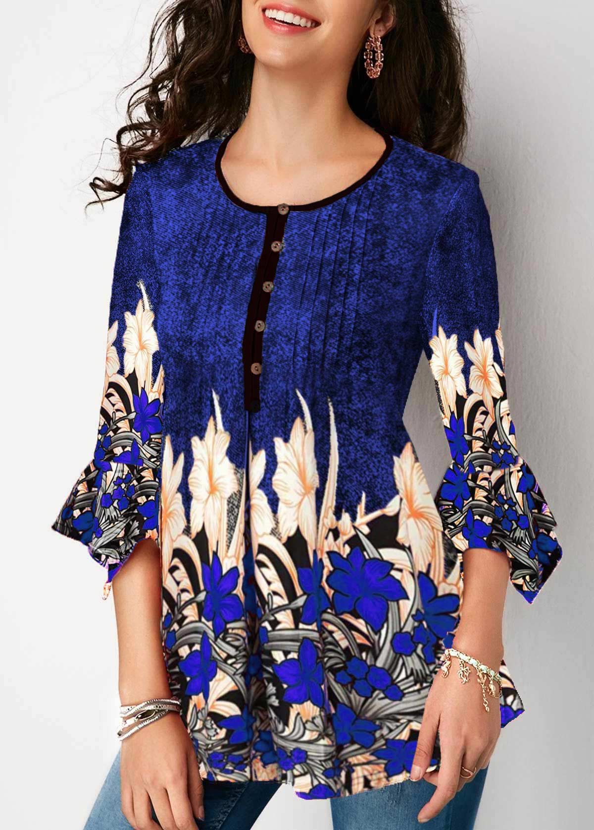 Printed Three Quarter Sleeve Button Up Pleated Blouse | picture 