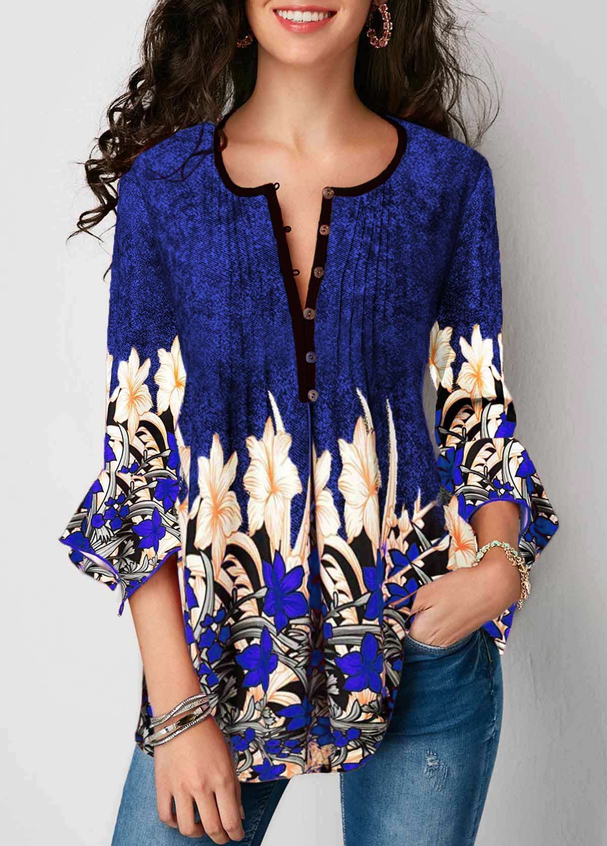 Printed Three Quarter Sleeve Button Up Pleated Blouse | picture 