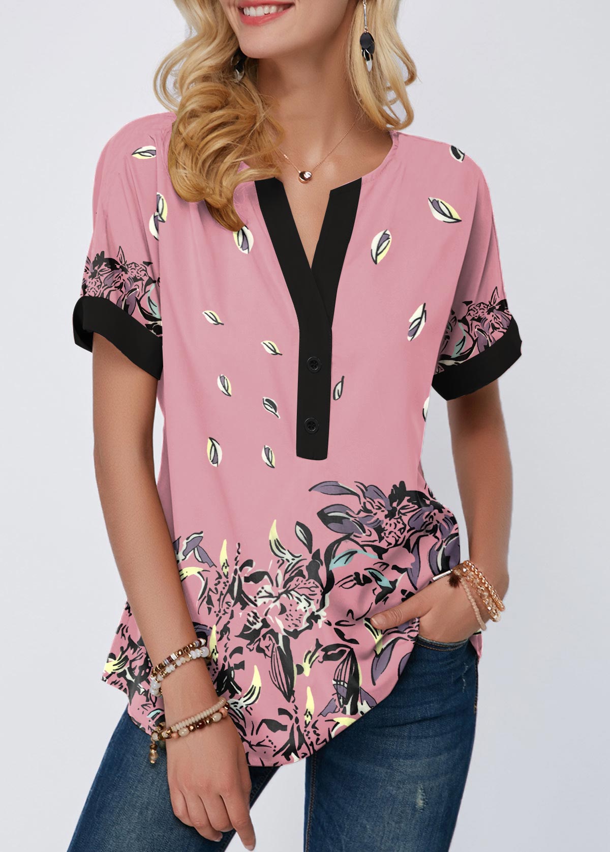Contrast Piping Floral Print Notch Neck T Shirt