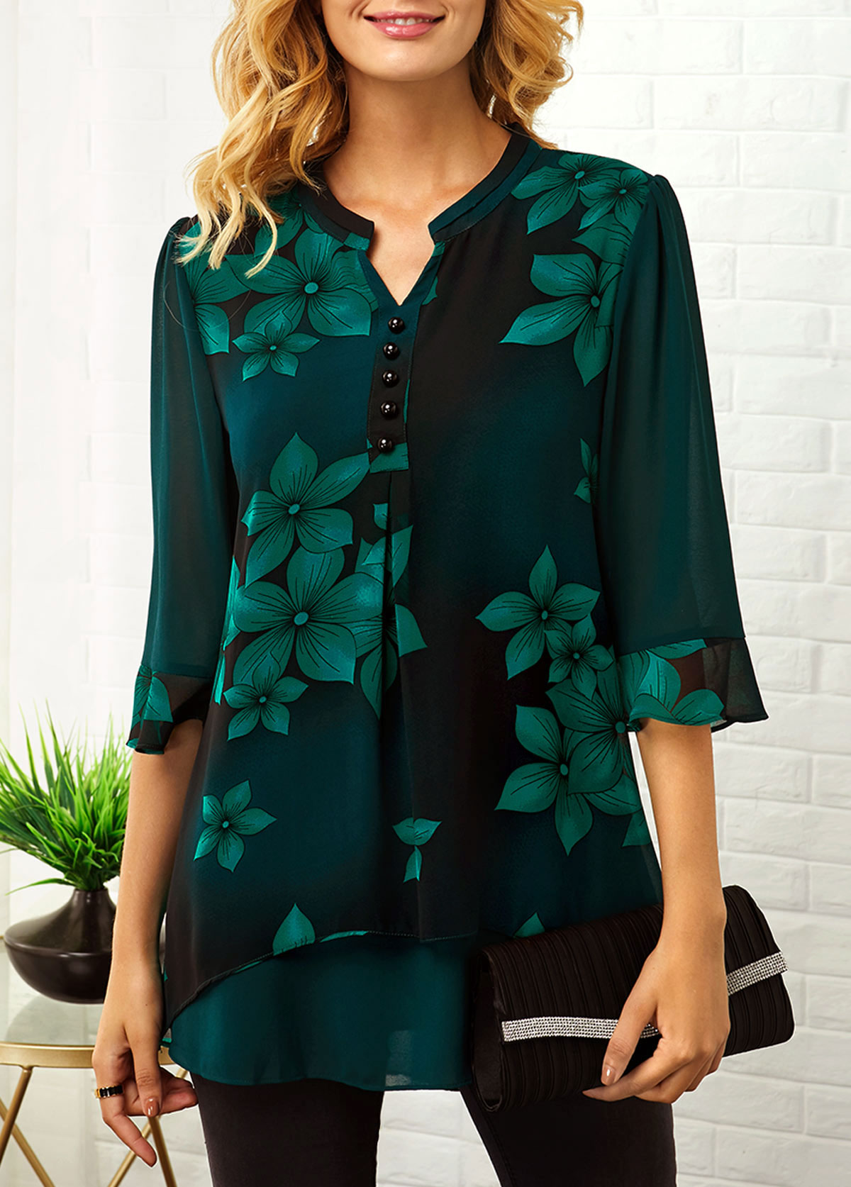 Split Neck Large Floral Print Button Detail Blouse USD