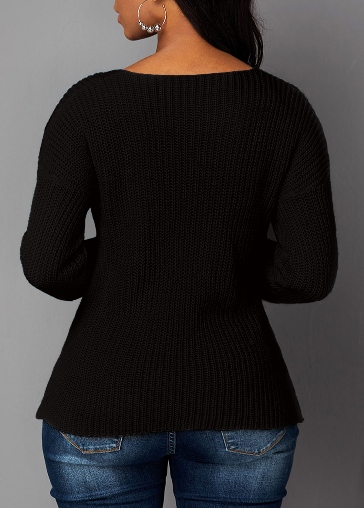 Asymmetric Hem Cutout Front Black Sweater