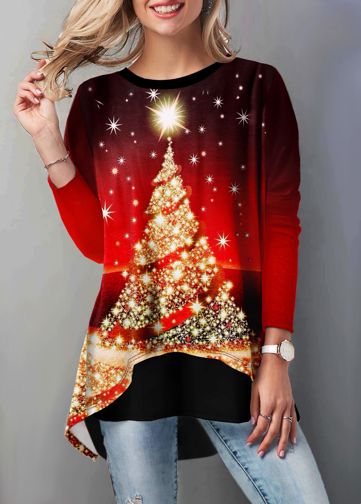Red Asymmetric Hem Christmas Tree Print Sweatshirt