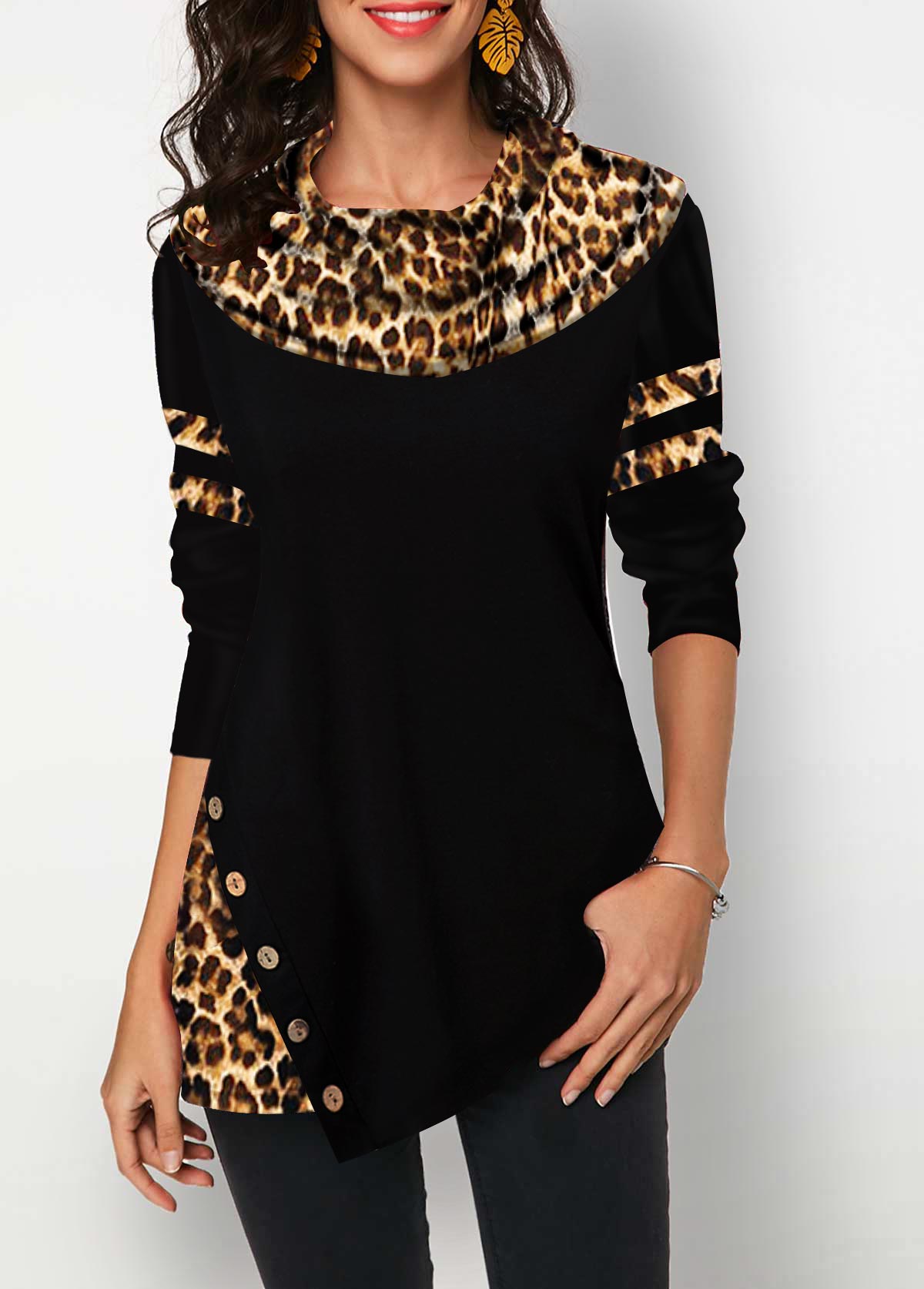 Leopard Print Button Detail Long Sleeve Tunic Top