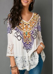 Tribal Print Lace Patchwork White Blouse
