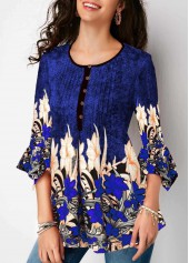 Printed Three Quarter Sleeve Button Up Pleated Blouse | thumb picture 