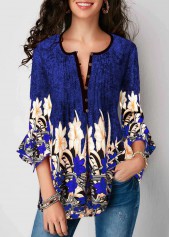 Printed Three Quarter Sleeve Button Up Pleated Blouse