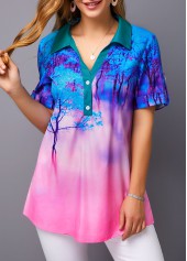 Roll Tab Sleeve Printed Color Block Blouse