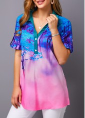 Roll Tab Sleeve Printed Color Block Blouse | thumb picture 