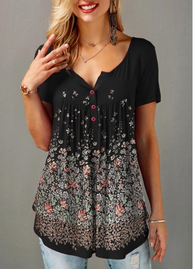 Modlily Women&apos;s Black Short Sleeve Casual T Shirt Split Neck Button Front Retro Print T Shirt - S