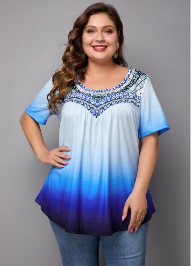 Modlily Tribal Print Ombre Short Sleeve Blouse - 0X