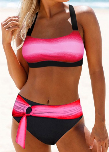 Modlily Pink Padded High Waist Swimsuit for Women Tie Back Ring Detail Printed High Waist Bikini Set - L