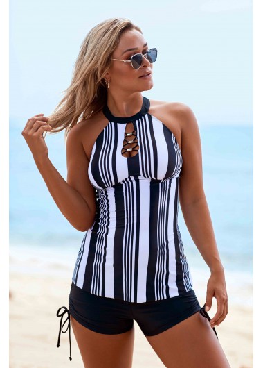 Modlily Block Color Stripe Print Cutout Neck Back Free Drawstring Side Tankini Set - 10
