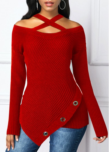 Modlily Asymmetric Hem Cross Strap Cold Shoulder Sweater - S