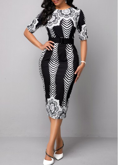 Modlily Tribal Print Half Sleeve Belted Dress - 16