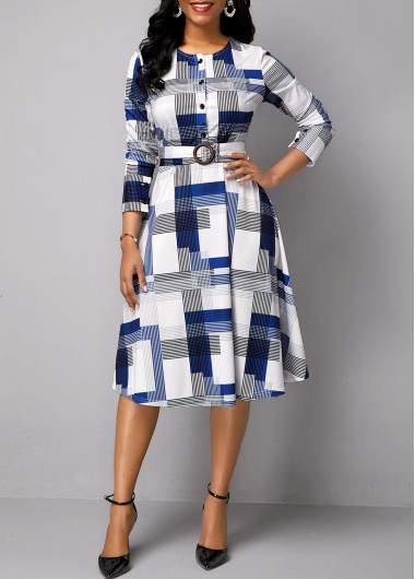 Modlily White Geometric Print Long Sleeve Belted Work Dress - 10
