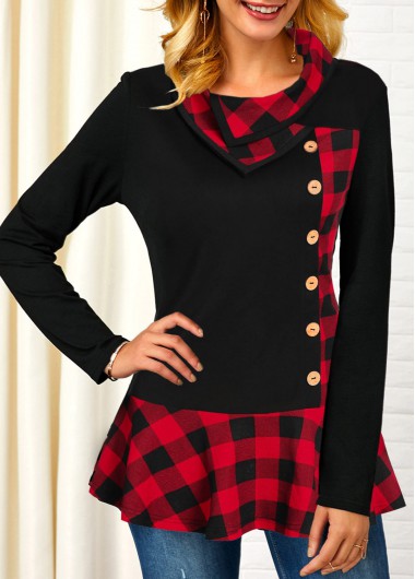 Modlily Button Detail Plaid Print Long Sleeve T Shirt - M