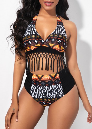 Modlily High Waisted Tassel Detail Folk Print Bikini Set - 16