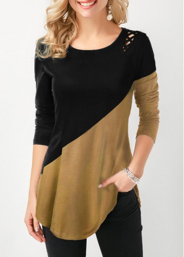 Modlily Color Block Lace Up Side Curved Hem T Shirt - XXL