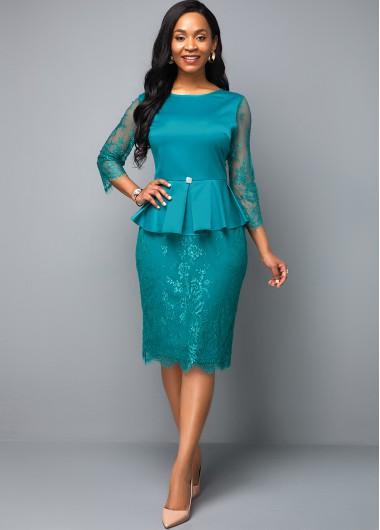 Lace Panel Zipper Closure Peplum Waist Sheath Dress - 12