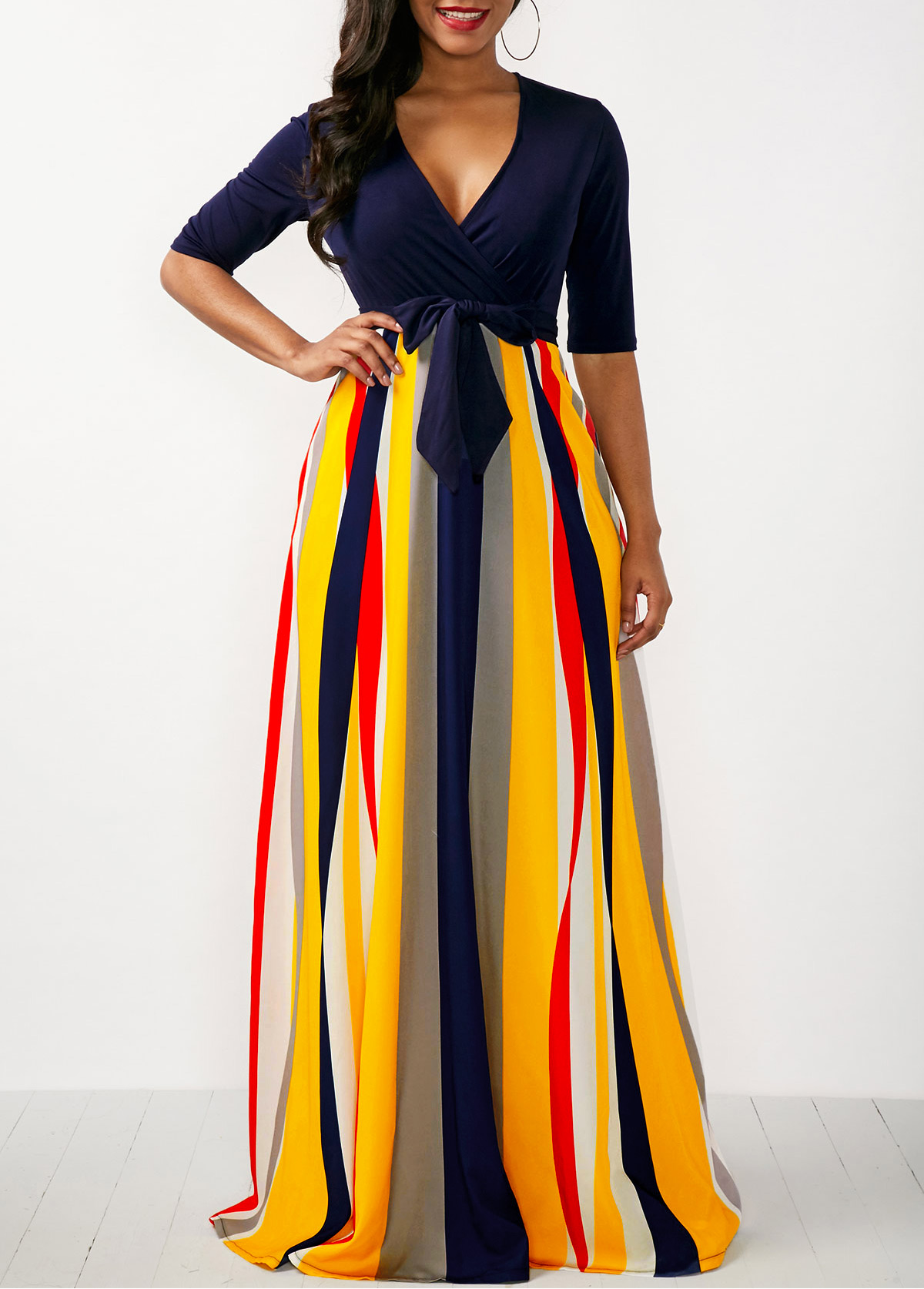 Half Sleeve Striped V Neck Rainbow Color Dress