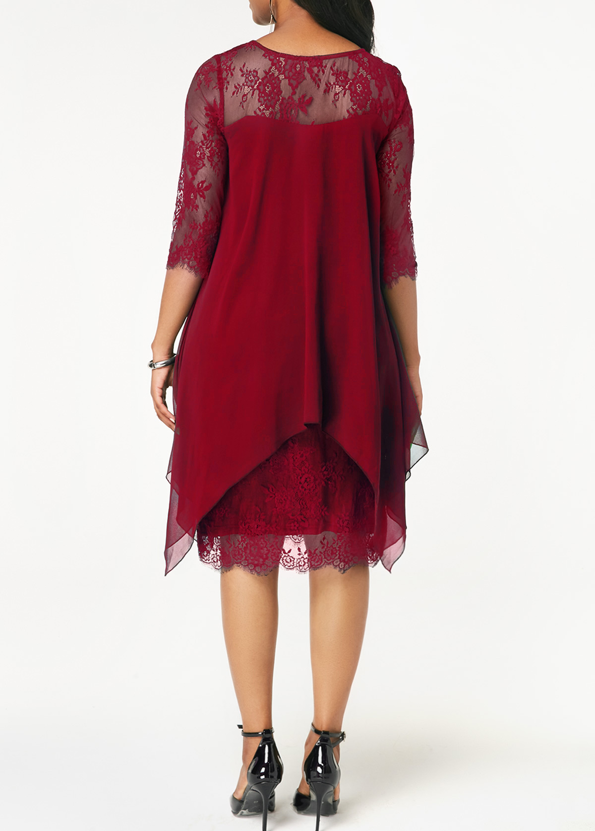 Round Neck Chiffon Overlay Lace Dress | modlily.com - USD 44.98
