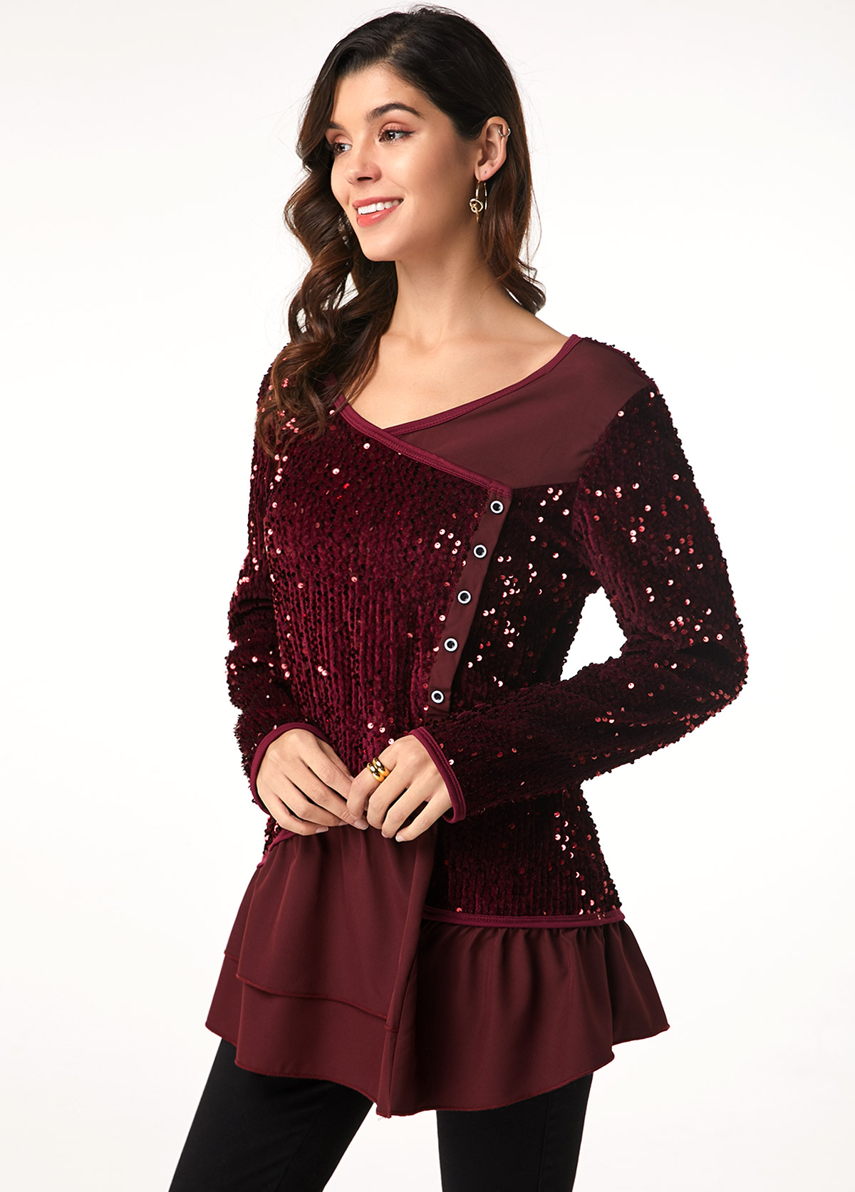 Long Sleeve Sequin Embellished Button Detail T Shirt