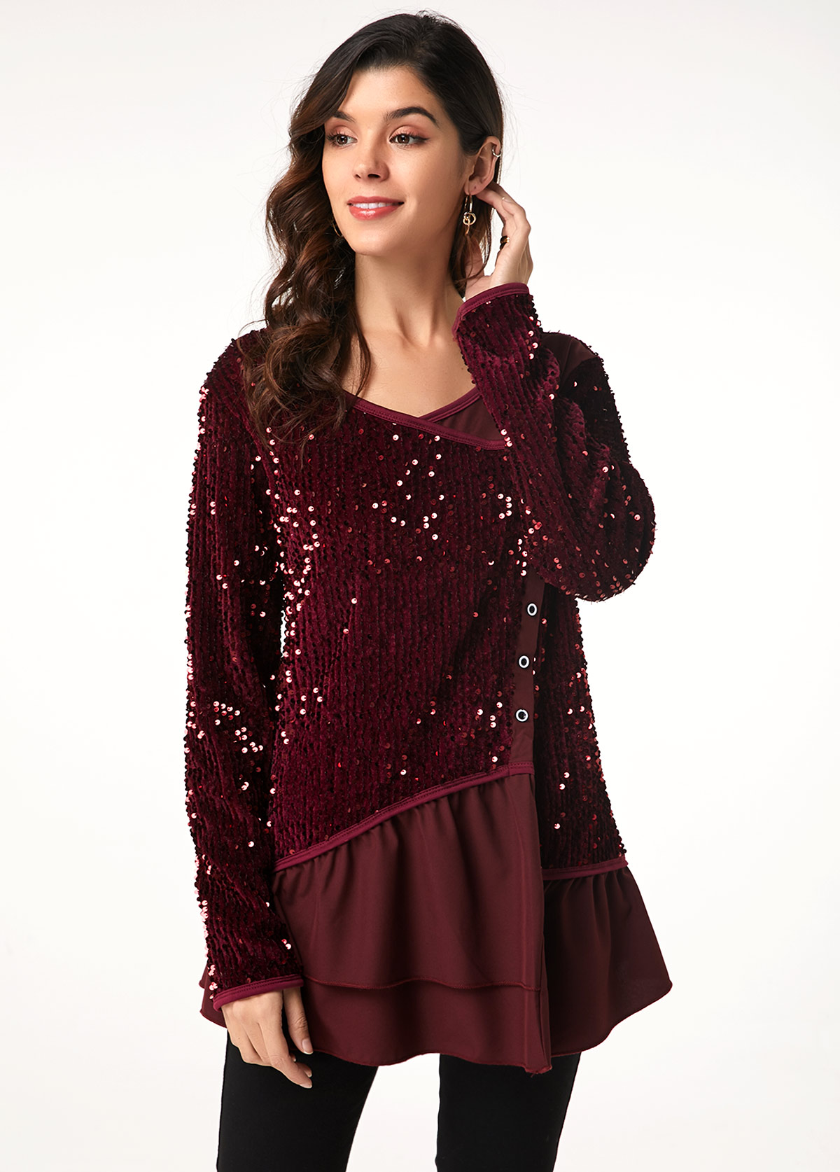 Long Sleeve Sequin Embellished Button Detail T Shirt