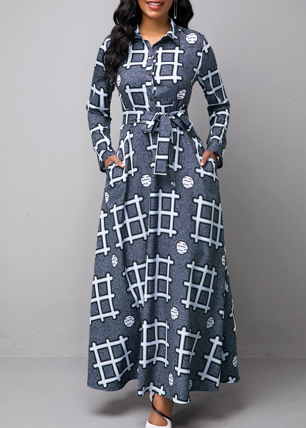 Long Sleeve Turndown Collar Geometric Print Dress